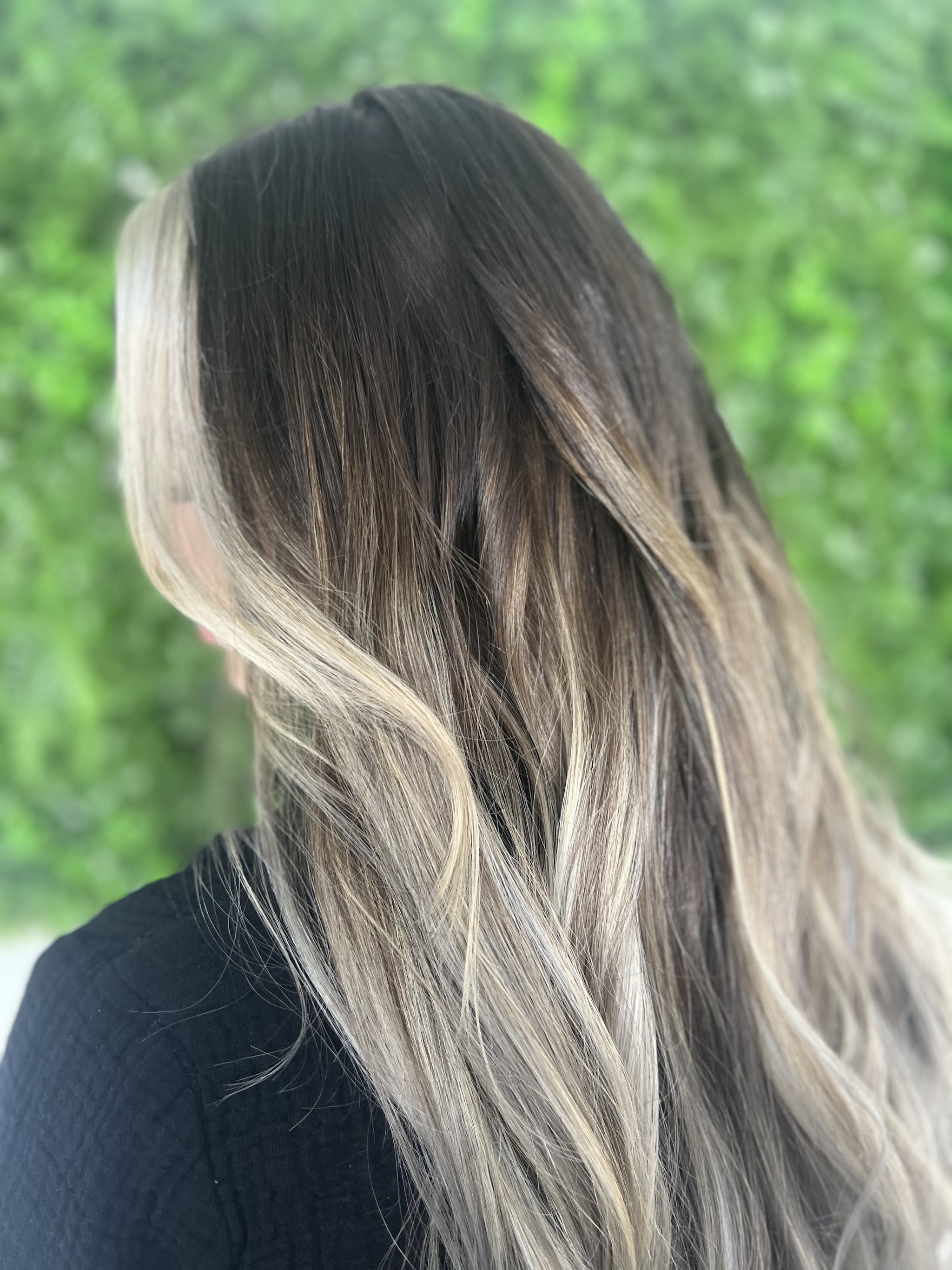 Long dark hair blended into blonde balayage, photographed outdoors against a hedge